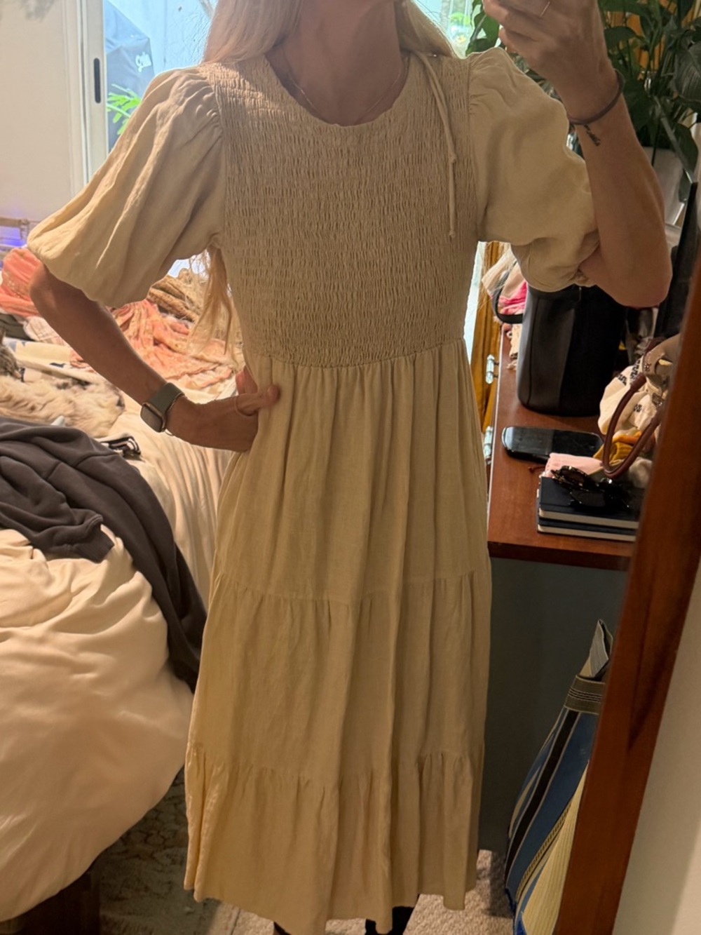 Faithfull the Brand Soft Yellow Smocked Tiered Midi Dress